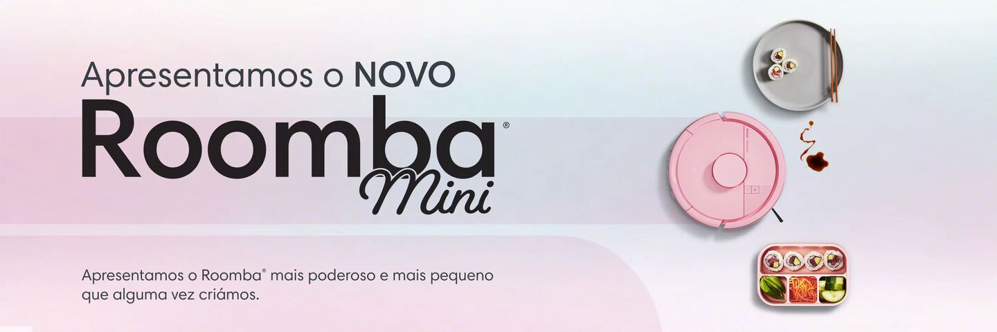 Descobre o novo Roomba Mini, Apresentamos o Roomba mais poderoso e mais pequeno que alguma vez cri&aacute;mos. Roomba Mini em Rosa ao lado de um prato e de uma caixa bento